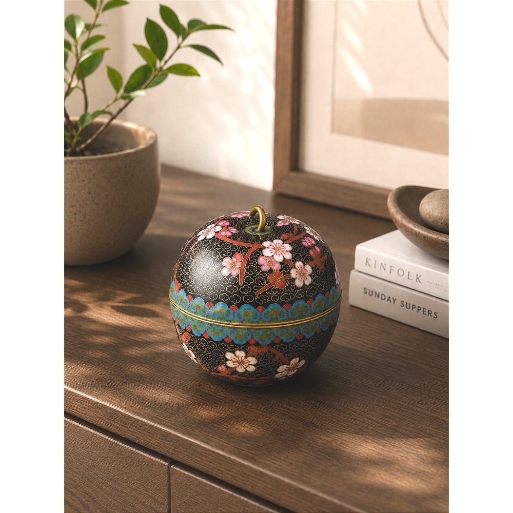 Lillian Vernon Vintage Cloisonne Enamel Apple Trinket Box Cherry Blossom Black